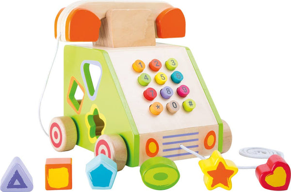 专为 12 个月以上儿童设计的小脚木制玩具电话形状分类器