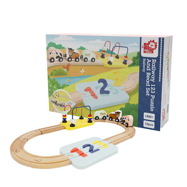 Leo & Friends - Wooden Railway 123 Puzzle and Bead Set 18-Pieces,18M+