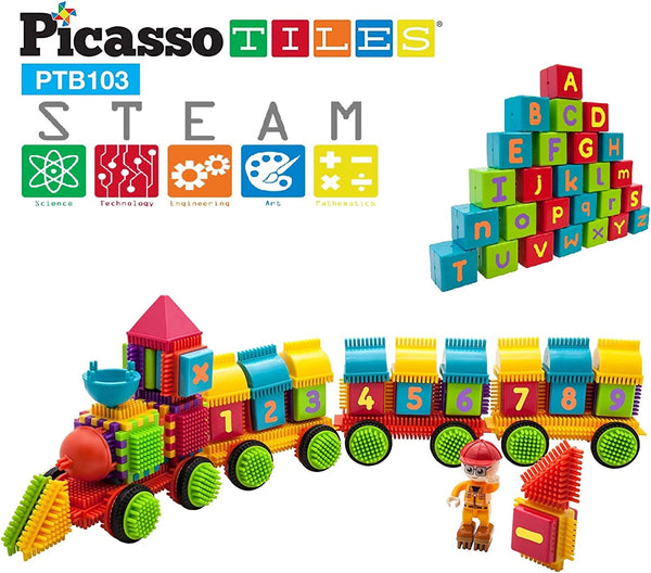 PicassoTiles 103 件字母和数字主题猪鬃锁火车套装