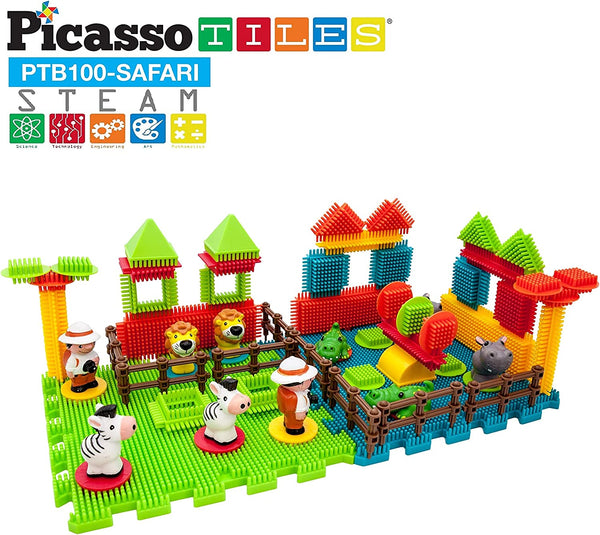 PicassoTiles 100 Piece Farm BristleLock Building Blocks Set
