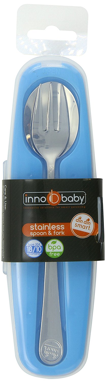 Innobaby Din Din Smart Stainless Steel BPA free Spoon and Fork w. Carrying Case Blue