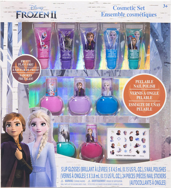 Disney Frozen 2 Non-Toxic Peel-Off 5 Nail Polishes 5 Lip Glosses Nail Stickers, Ages 3+ 16 Pcs