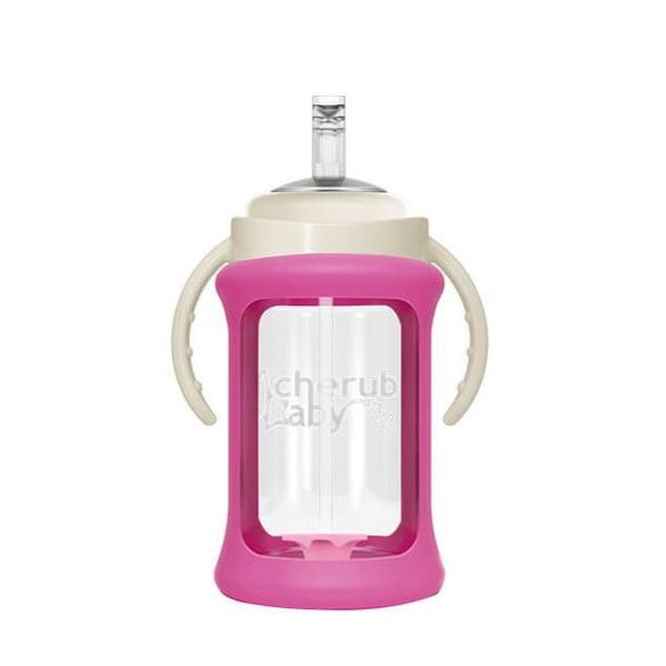Cherub Baby - Wide Neck Glass Straw Cup w. Colour Change Sleeve 240ml - Pink
