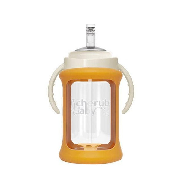 Cherub Baby - Wide Neck Glass Straw Cup w. Colour Change Sleeve 240ml - Orange