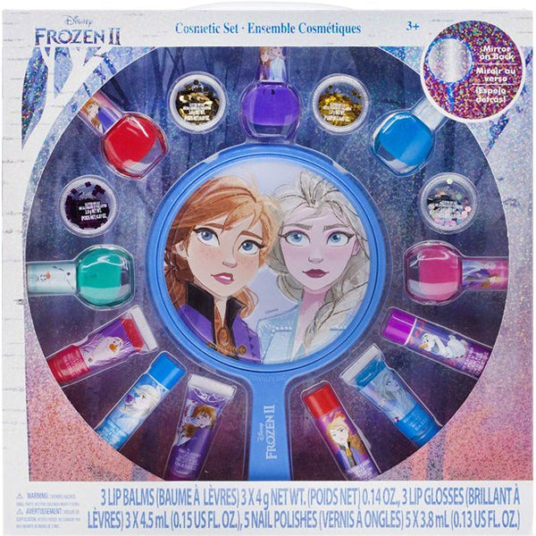 Disney Frozen 2 Non-Toxic Peel-Off Nail Polish, Lip Gloss and Mirror Set for Girls, Glittery and Opaque Colors, Ages 3+ 16 Pcs